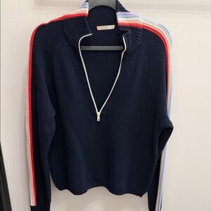 Marine Layer Navy Cowl Neck Sweater with Red and Blue Accents